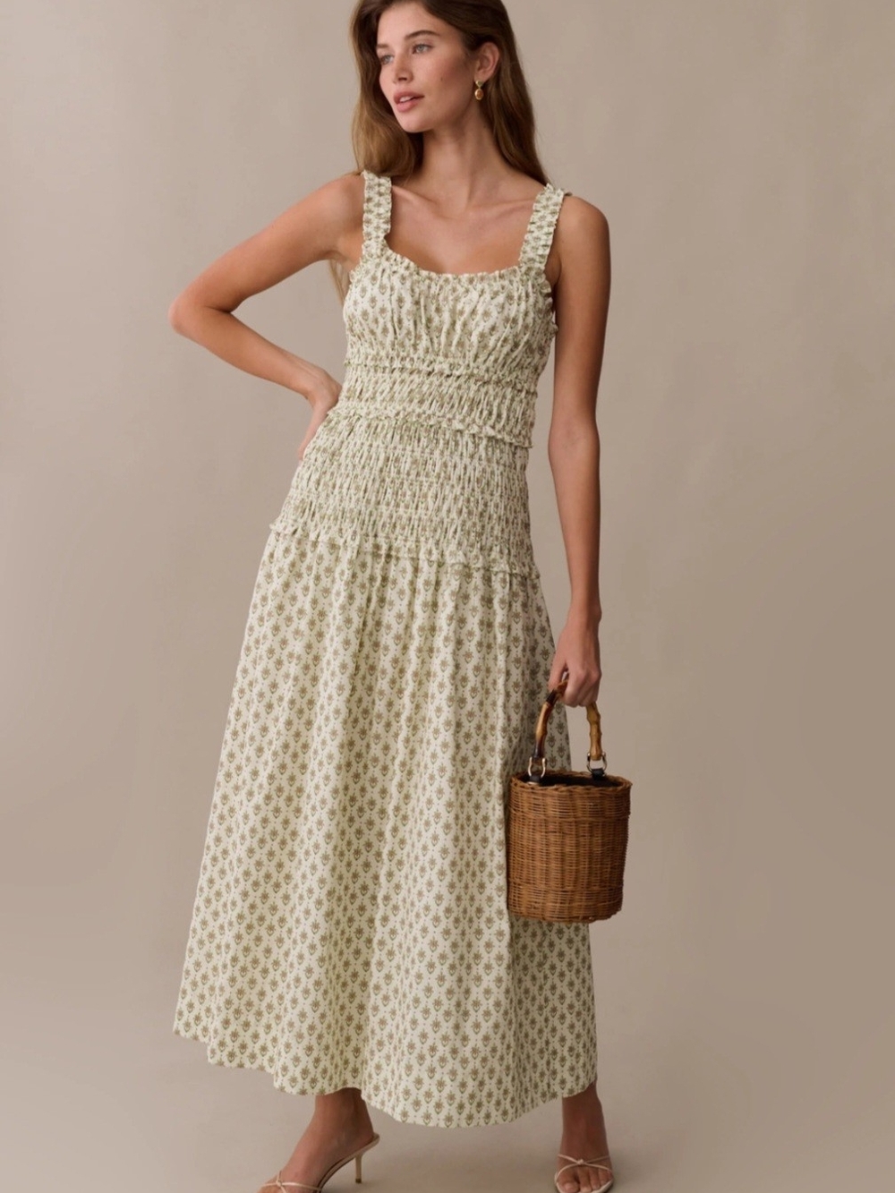 Few Moda O.P.T. Smocked Maxi Dress in Light Olive Floral